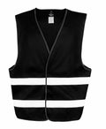 A Result Core R200X safety vest in black, featuring two horizontal white reflective stripes across the front.