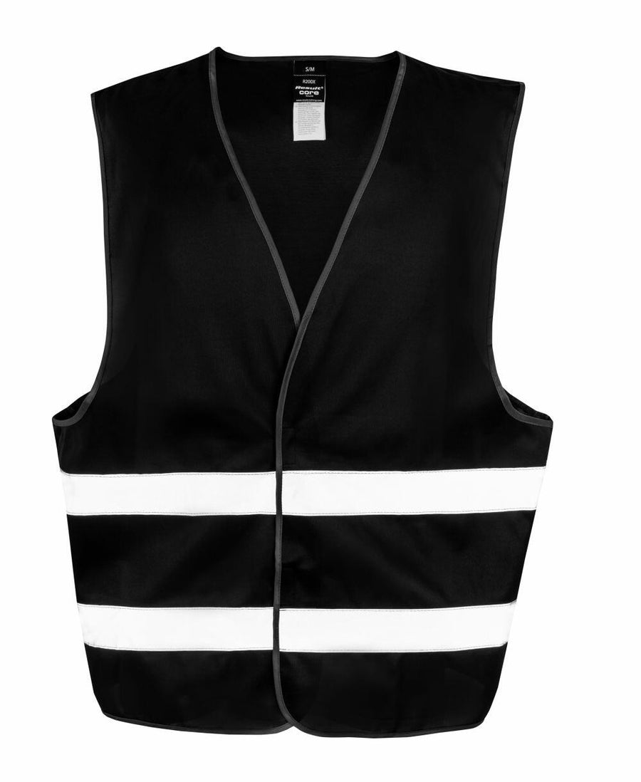A Result Core R200X safety vest in black, featuring two horizontal white reflective stripes across the front.