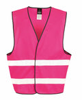 An R200X safety vest by Result Core, featuring a pink color with black trim and two horizontal white reflective stripes on the front.
