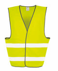 The R200X by Result Core is a high visibility safety vest in bright yellow, featuring reflective white horizontal stripes and dark gray edging.