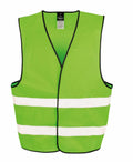 The Result Core R200X is a bright green safety vest featuring black trim and two horizontal white reflective stripes across the front.