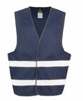 The Result Core R200X is a sleeveless navy blue safety vest featuring two horizontal white reflective stripes on the front, designed for high visibility.