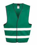 Introducing the R200X by Result Core, a sleeveless safety vest in green, featuring a V-neck design with two horizontal white reflective stripes across the front and finished with black trim along the edges.