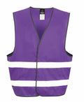 The Result Core R200X is a purple safety vest designed with two horizontal white reflective stripes across the lower section, featuring a black trim along the edges and an open front design.