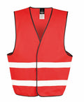 The R200X by Result Core is a vibrant red safety vest featuring two horizontal white reflective stripes near the bottom. It is designed with black trim around the edges and includes a black tag at the neck.