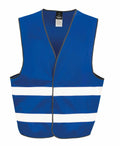 The Result Core R200X is a blue safety vest featuring two horizontal white reflective stripes across the front, with black edging and a tag at the neck.