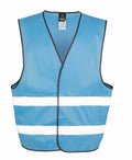 The R200X from Result Core is a blue safety vest that features two white reflective stripes horizontally across the front, with black edging around the arms and collar, and an open front design.