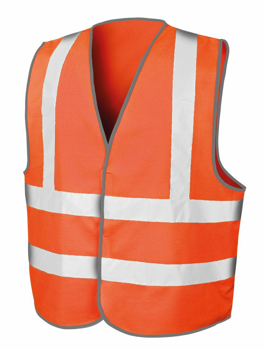 Result Core's R201X is a bright orange safety vest featuring reflective white stripes.
