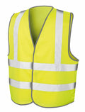 Result Core R201X reflective safety vest in bright yellow, featuring white horizontal and vertical stripes, front view.