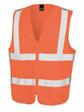 Result Core's R202X is a bright orange safety vest featuring reflective white stripes and a central zip closure.