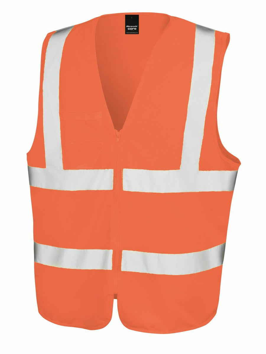 Result Core's R202X is a bright orange safety vest featuring reflective white stripes and a central zip closure.