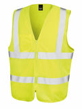 Result Core's R202X safety vest features a vibrant yellow color with white reflective stripes and a convenient front zipper closure.
