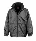 The Result Core R203J is a gray zip-up jacket featuring a high collar and elastic cuffs on the sleeves.
