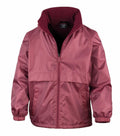 The R203J jacket by Result Core features a maroon color, a full zipper, two front pockets, and elastic cuffs and hem.