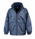 The R203J jacket by Result Core is blue, waterproof, and features a front zipper, high collar, and elastic cuffs. It includes two side pockets and has a black inner lining. The jacket is shown against a white background.