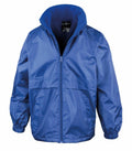 A jacket by Result Core, model R203J, in bright blue featuring a zip-up front, an upright collar, and two front pockets. It has elastic cuffs and seems to be crafted from a shiny, waterproof material.
