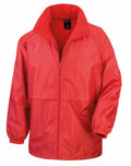 Introducing the R203X by Result Core—a vibrant red jacket showcasing a high collar and long sleeves. This stylish piece features a front zipper, elastic cuffs, and offers a relaxed fit with a smooth, slightly shiny texture.