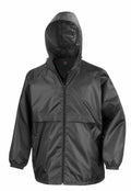 Displayed against a white background, the Result Core R204X is a black rain jacket featuring a hood, front zipper, and elastic cuffs.