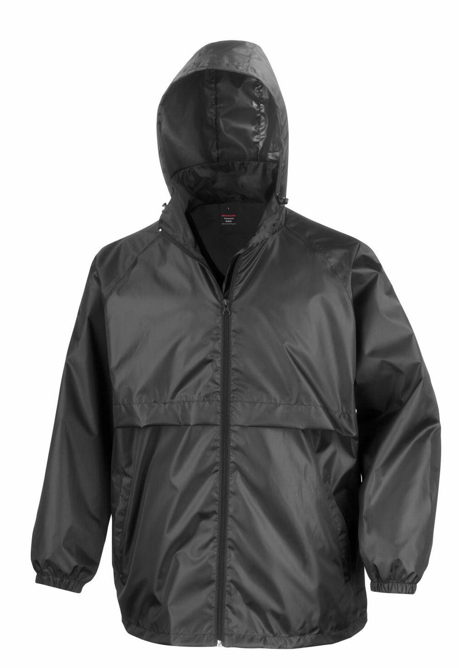 Displayed against a white background, the Result Core R204X is a black rain jacket featuring a hood, front zipper, and elastic cuffs.