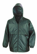 The Result Core R204X is a dark green hooded rain jacket featuring a zipper and elasticized cuffs.