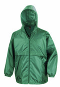 Result Core's R204X is a green hooded rain jacket featuring a front zipper and elastic cuffs.