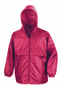 The R204X from Result Core is a vibrant red rain jacket that comes with a hood. It features a front zipper, elastic cuffs, and a spacious front pocket. The fabric looks glossy and waterproof.