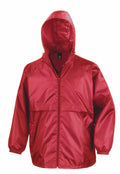 The Result Core R204X rain jacket features a vibrant red color, a hood, front zipper closure, and elastic cuffs, all set against a plain white background.