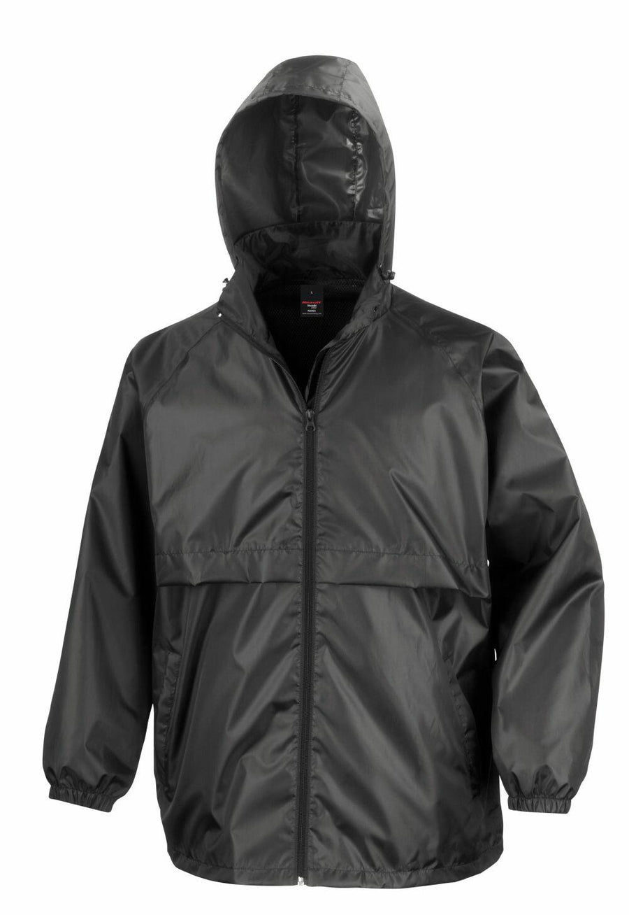 Result Core's R205X features a black hooded rain jacket design with a front zipper and elastic cuffs.