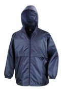 The Result Core R205X rain jacket in navy blue includes a hood, a full-length zipper, elastic cuffs, and a lightweight design.