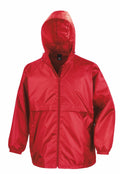 The red R205X hooded rain jacket from Result Core features a front zipper and elastic sleeve cuffs.