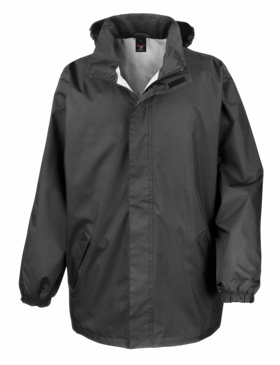 The Result Core R206X hooded jacket, featuring a black color, long sleeves, and two front pockets, displayed against a white background.