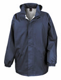 The Result Core R206X is a navy blue hooded jacket featuring two front pockets and elastic cuffs, displayed against a plain white background.