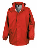 The Result Core R206X jacket is a vibrant red with a hood, zippered front, and elastic cuffs. It includes two side pockets and features a high collar for added style.