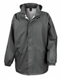 The Result Core R206X is a dark gray hooded jacket featuring a front zipper and two side pockets. It has elastic cuffs and a simple design, shown against a white background.