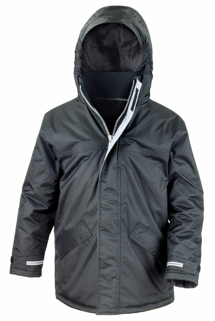 A black hooded R207J winter jacket by Result Core, featuring a front zipper and two side pockets.