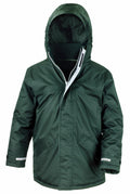 The R207J by Result Core is a green rain jacket featuring a hood, front pockets, and adjustable cuffs.