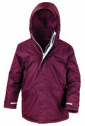 Introducing the R207J by Result Core, a maroon hooded winter jacket featuring a front zipper and two side pockets.
