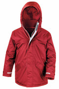 The R207J from Result Core is a red winter jacket with a hood, offering a front zipper closure and two side pockets. It features adjustable cuffs and boasts a sleek, weather-resistant design.