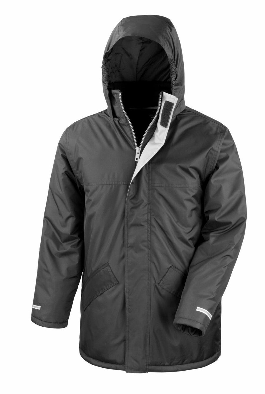 The R207X by Result Core is a black winter jacket with a hood, featuring a zip and velcro closure, two front pockets, and adjustable cuffs.
