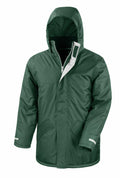 A Result Core R207X green hooded winter jacket featuring front pockets, zipper, and Velcro closures is displayed against a white background.