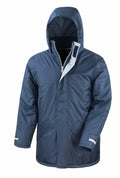 Introducing the Result Core R207X: a waterproof navy blue hooded rain jacket featuring a high collar, two front pockets, and a zippered front closure. The sleeves are designed with adjustable cuffs highlighted by white accents, making it ideal for outdoor use.