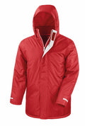 Introducing the R207X from Result Core: a red hooded jacket designed for cold or rainy weather, featuring a zip and Velcro closure. It includes two front diagonal pockets and adjustable cuffs, with a smooth, glossy texture for added style.
