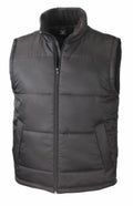 A black puffer vest from Result Core, model R208X, featuring a sleeveless design, front zipper, and high collar.