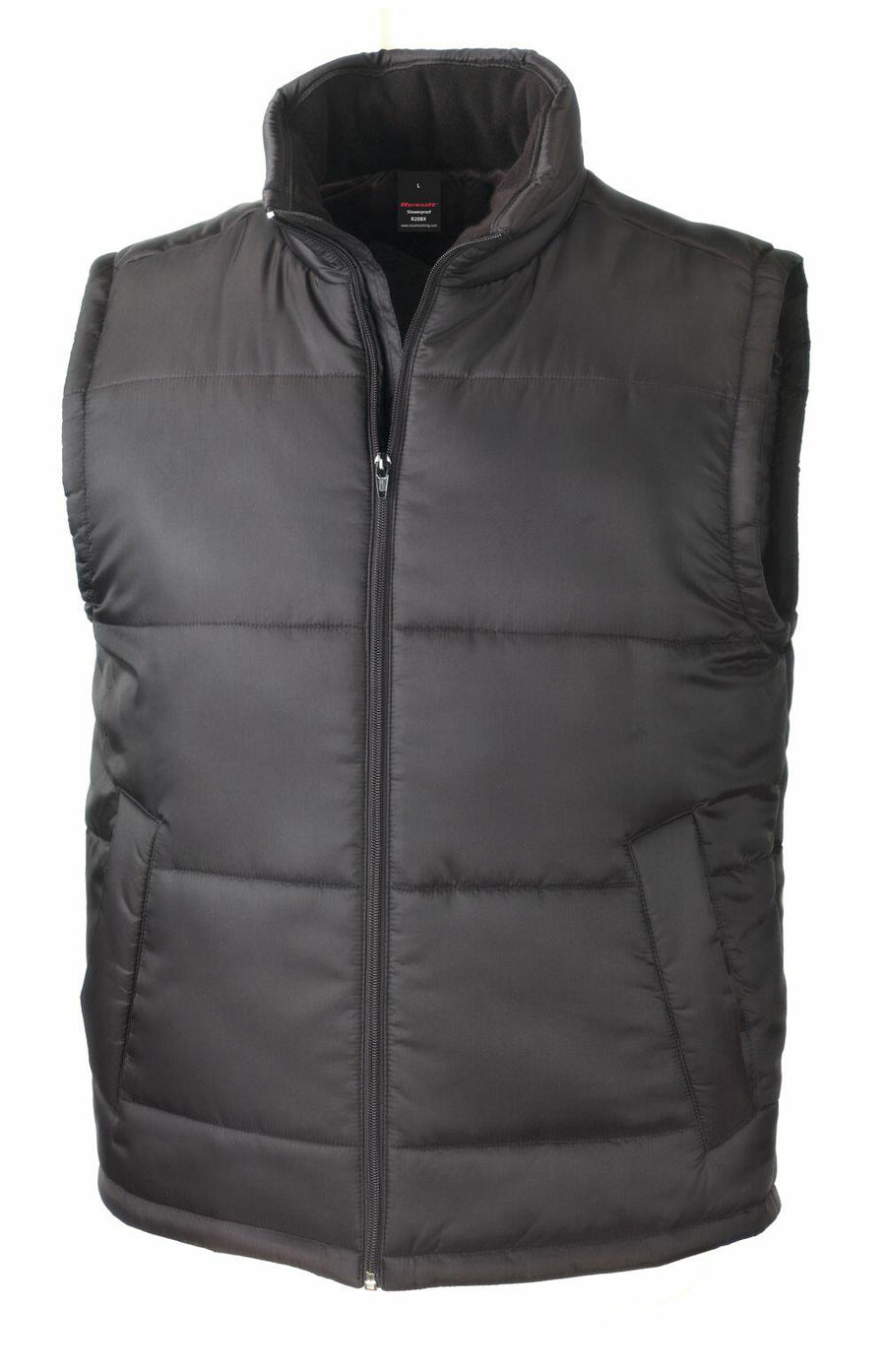 A black puffer vest from Result Core, model R208X, featuring a sleeveless design, front zipper, and high collar.