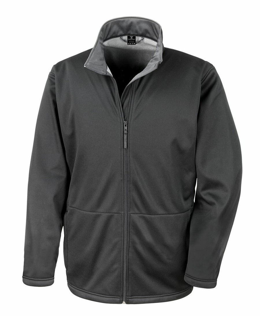 Introducing the R209X by Result Core: a stylish dark gray jacket featuring a high collar, zip-up design, and two front pockets.