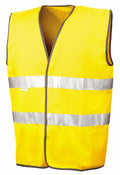 R211A bright yellow safety vest by Result Safe Guard, featuring silver reflective horizontal stripes, displayed against a plain white background.