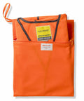 An orange safety vest with reflective strips is partially folded inside a matching orange pouch. The vest features labels indicating "High Visibility" and "Result R213A".