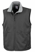 The R214X by Result Core is a black sleeveless zip-up vest featuring a light gray inner collar and two front pockets.