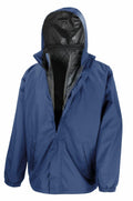 Result Core's R215X waterproof jacket features a hood, front zipper, and two side pockets in a blue color.