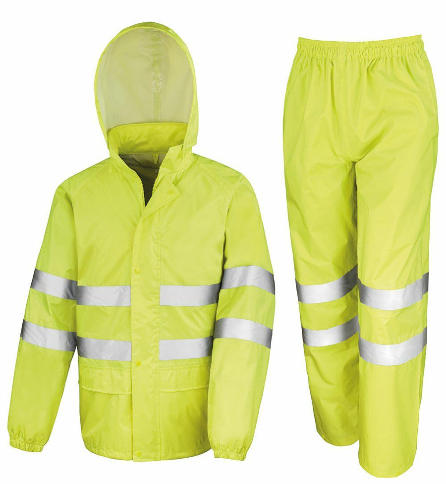 Result Safe Guard's R216X set featuring a bright yellow reflective rain jacket and pants.